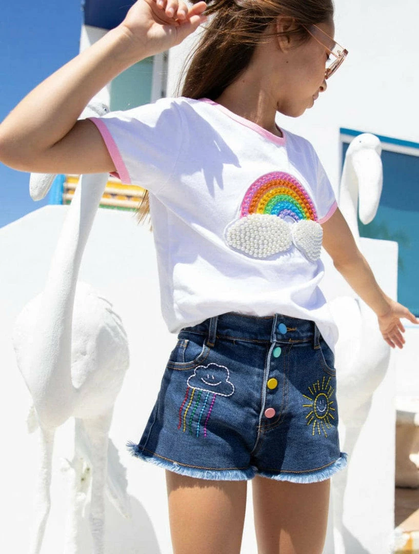 Lola + The Boys Girls Embroidered Rainbow Denim Shorts 3 Lola + The Boys Girls Embroidered Rainbow Denim Shorts