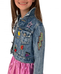 Lola + The Boys Beaded Crystal Fruit Crop Denim Jacket