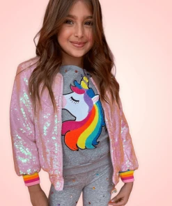 Lola + The Boys Girls Powder Puff Pink Sequin Bomber