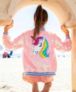 Lola + The Boys Pretty In Pink Unicorn Sequin Bomber