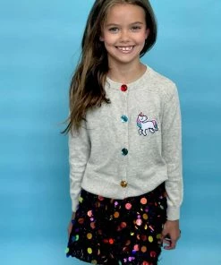 Lola + The Boys Girls Grey Rainbow Gem Unicorn Cardigan