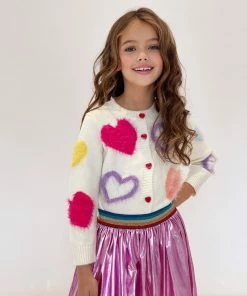 Lola + The Boys White Fuzzy Hearts Cardigan Girls